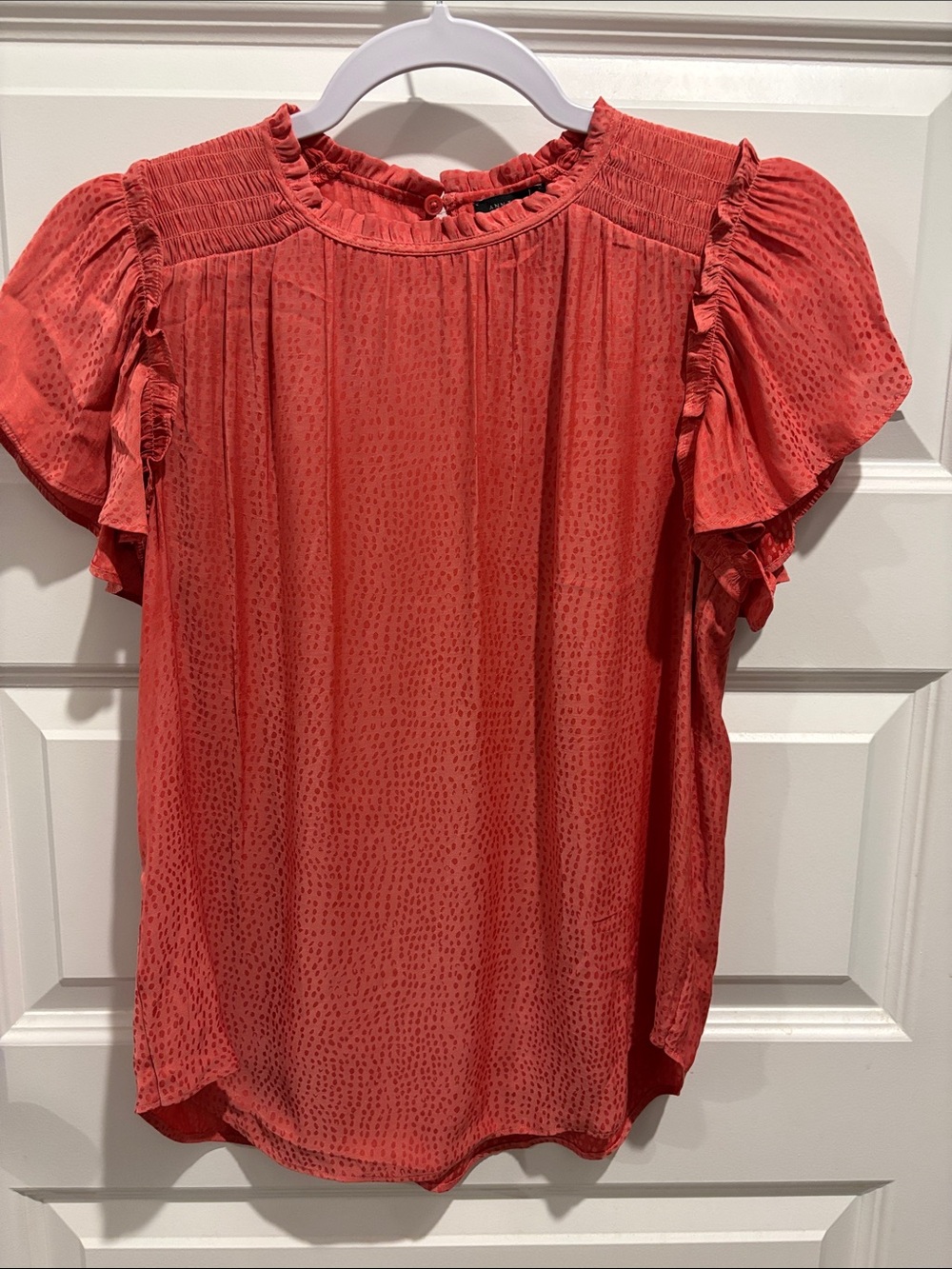 Ann Taylor Coral Ruffle-Sleeve Dot-Texture Blouse